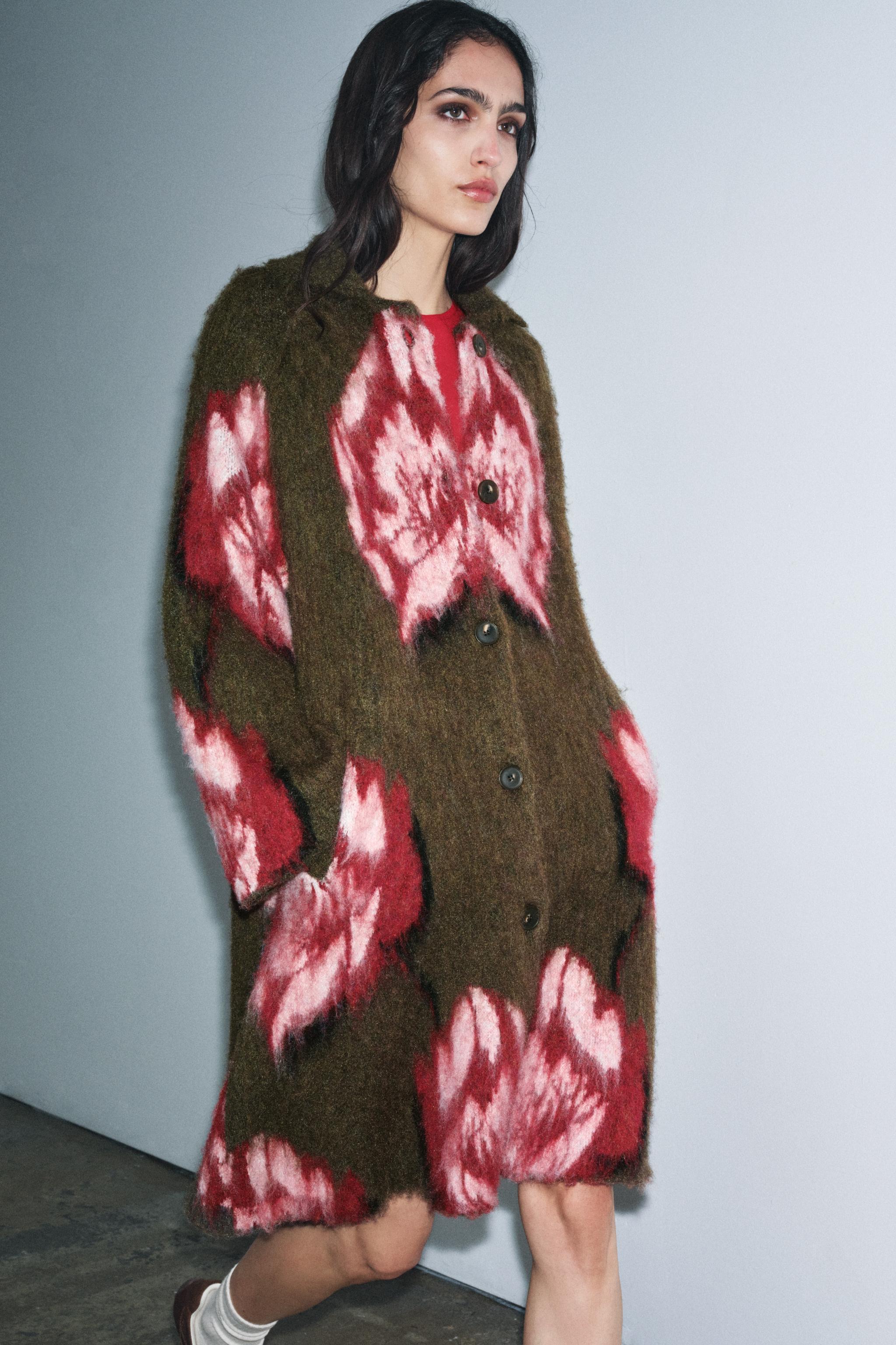 BRUSHED-EFFECT JACQUARD KNIT COAT